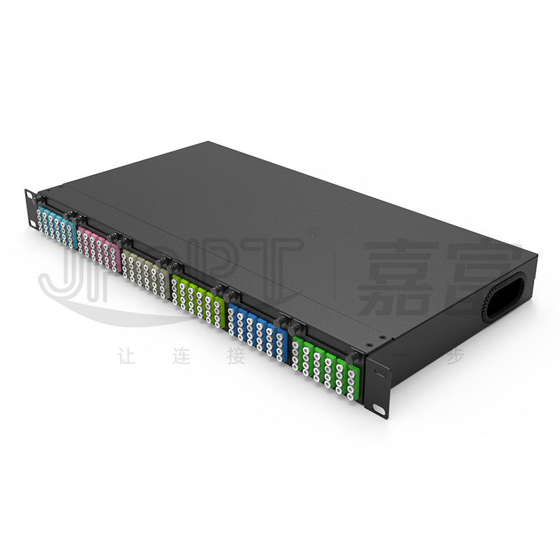 แผงแพทช์ไฟเบอร์มาตรฐาน 1U 19 นิ้ว 144 คอร์พร้อมเทปคาสเซ็ต MPO-LC 24F MPO 6 ชิ้น