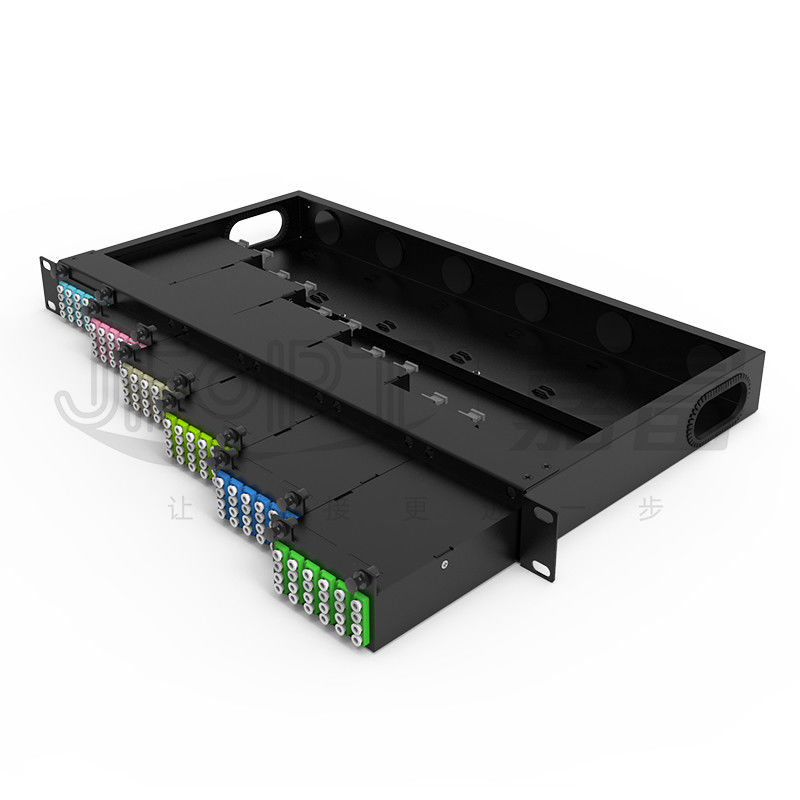 แผงแพทช์ไฟเบอร์มาตรฐาน 1U 19 นิ้ว 144 คอร์พร้อมเทปคาสเซ็ต MPO-LC 24F MPO 6 ชิ้น