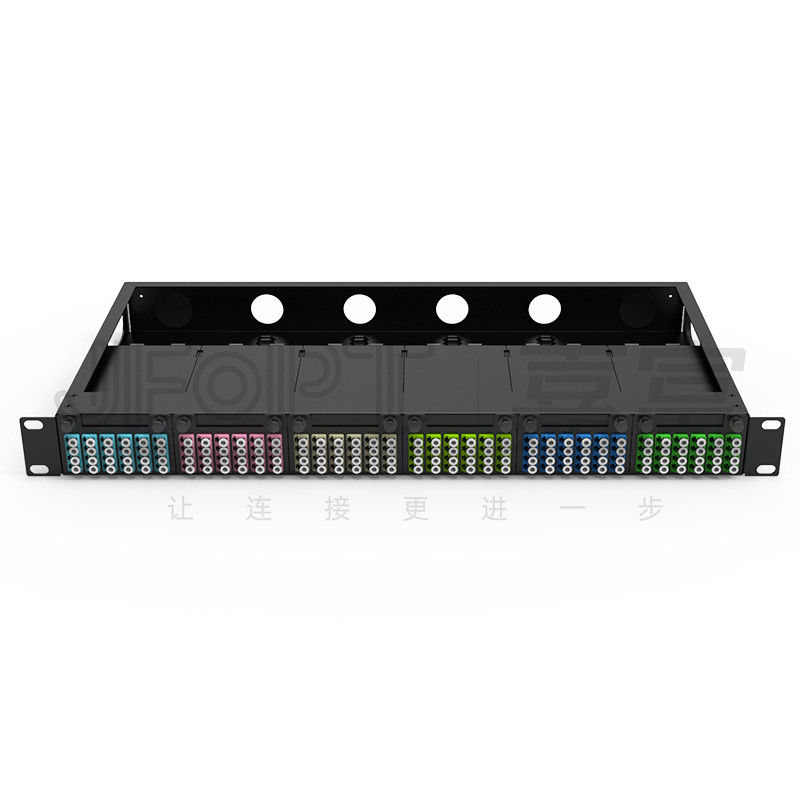 แผงแพทช์ไฟเบอร์มาตรฐาน 1U 19 นิ้ว 144 คอร์พร้อมเทปคาสเซ็ต MPO-LC 24F MPO 6 ชิ้น
