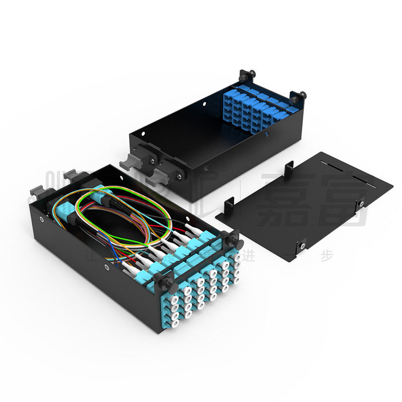 แผงแพทช์ไฟเบอร์มาตรฐาน 1U 19 นิ้ว 144 คอร์พร้อมเทปคาสเซ็ต MPO-LC 24F MPO 6 ชิ้น