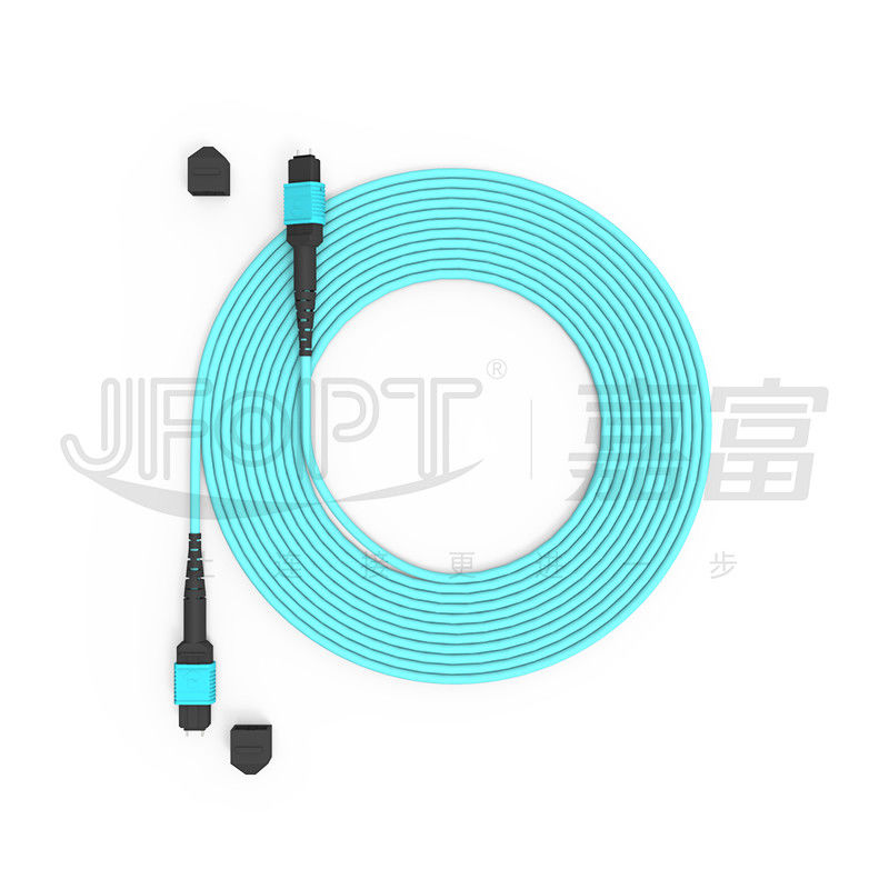 12 คอร์ ความเร็ว MPO Patch Cord Aqua Color สําหรับการเชื่อมต่อศูนย์ข้อมูล 10G Multi-mode OM3 Fiber Optic Patch Cord