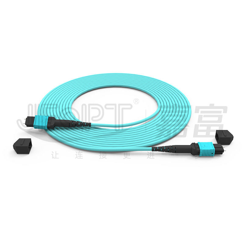 12 คอร์ ความเร็ว MPO Patch Cord Aqua Color สําหรับการเชื่อมต่อศูนย์ข้อมูล 10G Multi-mode OM3 Fiber Optic Patch Cord
