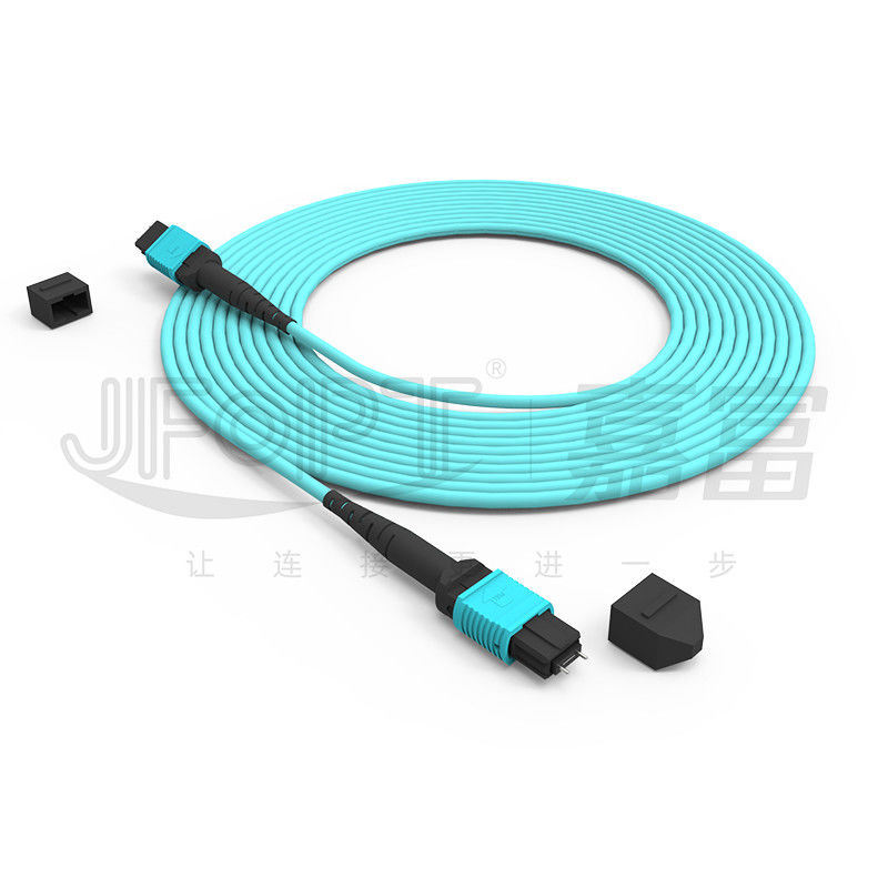 12 คอร์ ความเร็ว MPO Patch Cord Aqua Color สําหรับการเชื่อมต่อศูนย์ข้อมูล 10G Multi-mode OM3 Fiber Optic Patch Cord