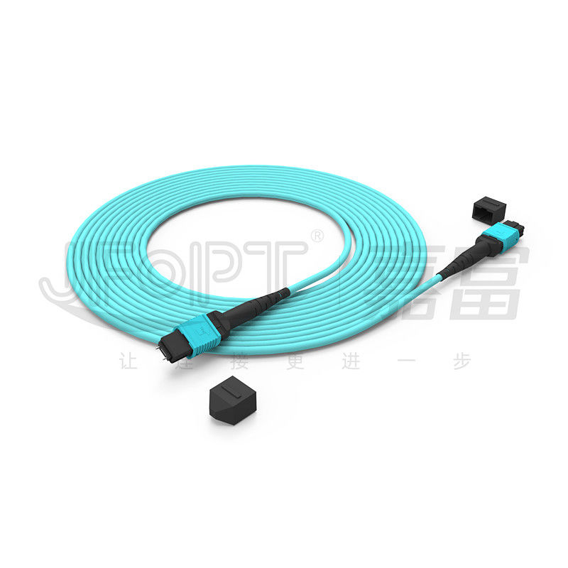 12 คอร์ ความเร็ว MPO Patch Cord Aqua Color สําหรับการเชื่อมต่อศูนย์ข้อมูล 10G Multi-mode OM3 Fiber Optic Patch Cord