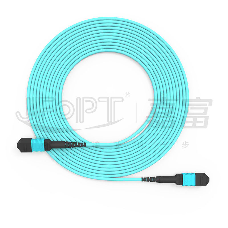 MPO-MPO กระดานกระดาน Aqua Round Boot Fiber Optic Pigtail Patch Cord สําหรับการแก้ไขเครือข่ายที่หลากหลาย