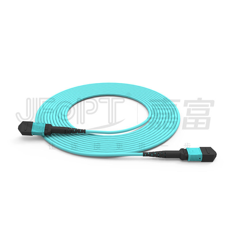 MPO-MPO กระดานกระดาน Aqua Round Boot Fiber Optic Pigtail Patch Cord สําหรับการแก้ไขเครือข่ายที่หลากหลาย