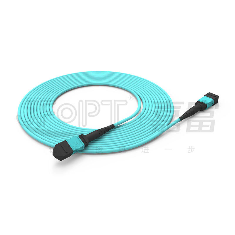 MPO-MPO กระดานกระดาน Aqua Round Boot Fiber Optic Pigtail Patch Cord สําหรับการแก้ไขเครือข่ายที่หลากหลาย