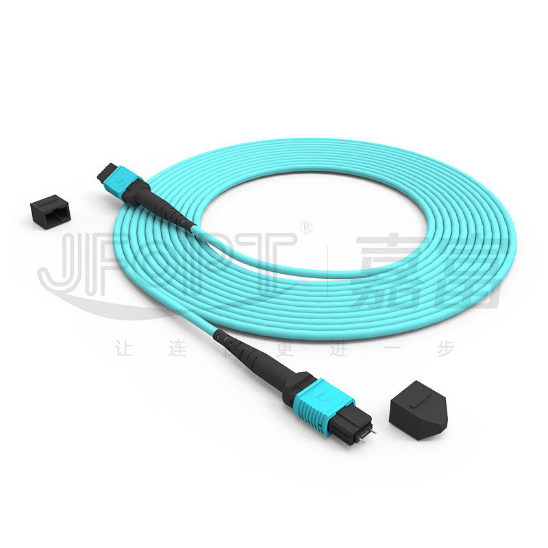 MPO-MPO กระดานกระดาน Aqua Round Boot Fiber Optic Pigtail Patch Cord สําหรับการแก้ไขเครือข่ายที่หลากหลาย